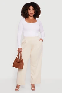 Womens Plus Size High Waisted Wide Leg Pants with Pockets, Khaki, Size 2X