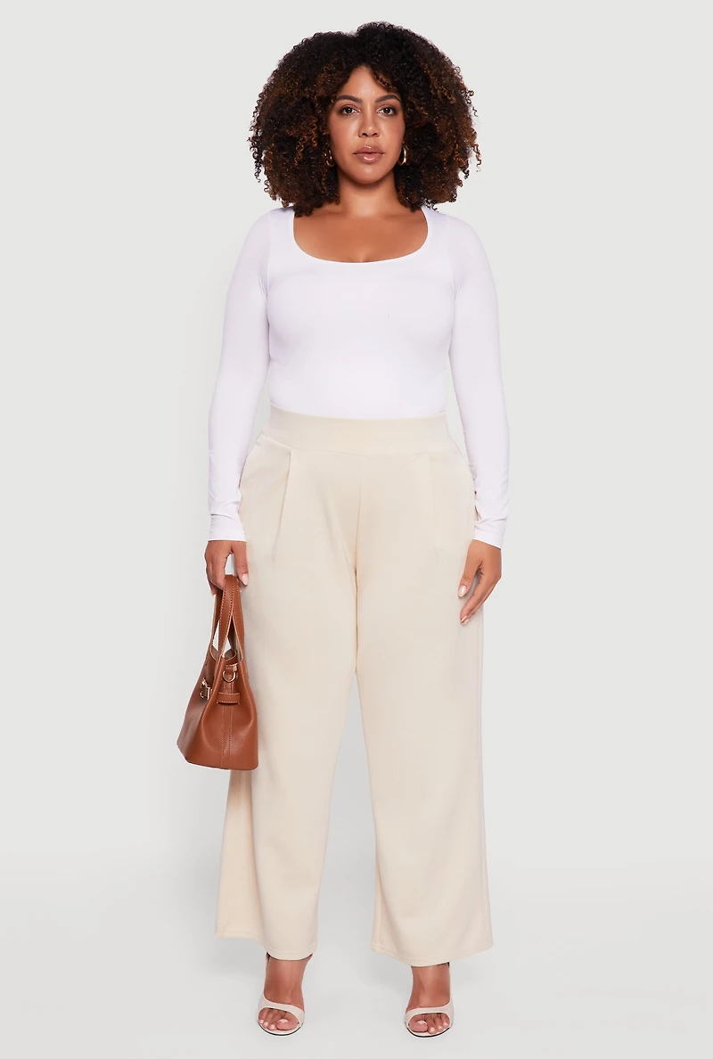 Womens Plus Size High Waisted Wide Leg Pants with Pockets, Khaki, Size 2X