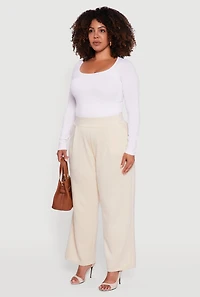 Womens Plus Size High Waisted Wide Leg Pants with Pockets, Khaki, Size 2X
