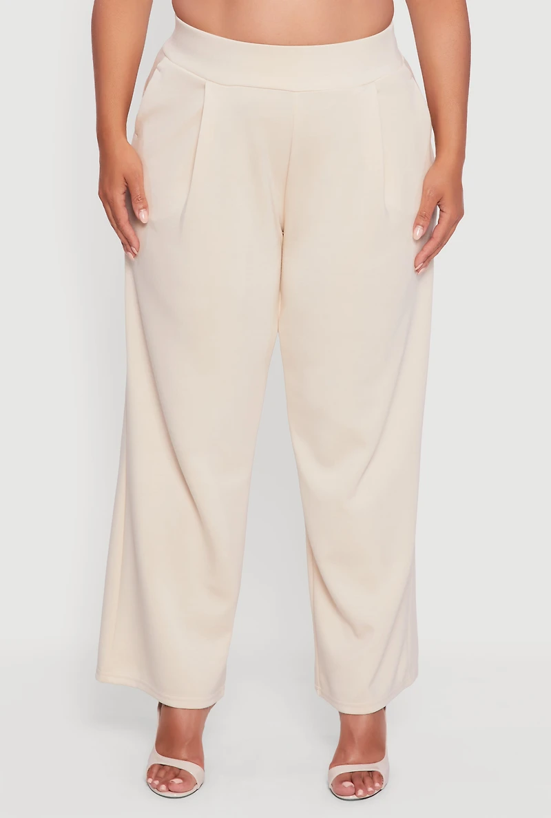 Womens Plus Size High Waisted Wide Leg Pants with Pockets, Khaki, Size 2X