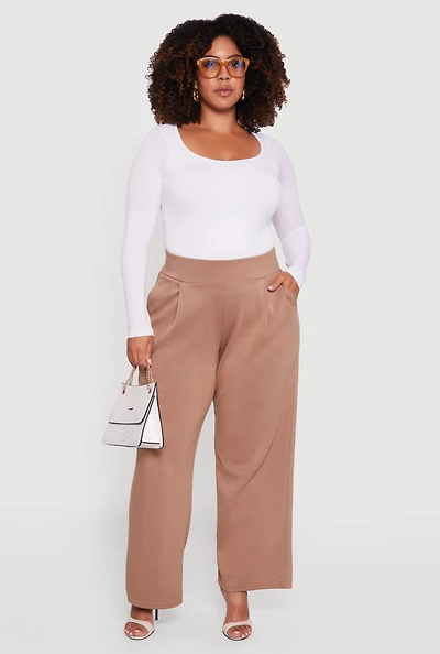 Womens Plus High Waisted Wide Leg Pants with Pockets, Khaki,
