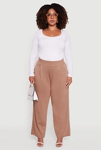 Womens Plus High Waisted Wide Leg Pants with Pockets, Khaki,
