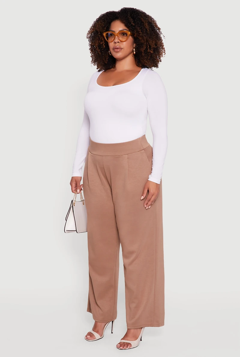 Womens Plus High Waisted Wide Leg Pants with Pockets, Khaki,