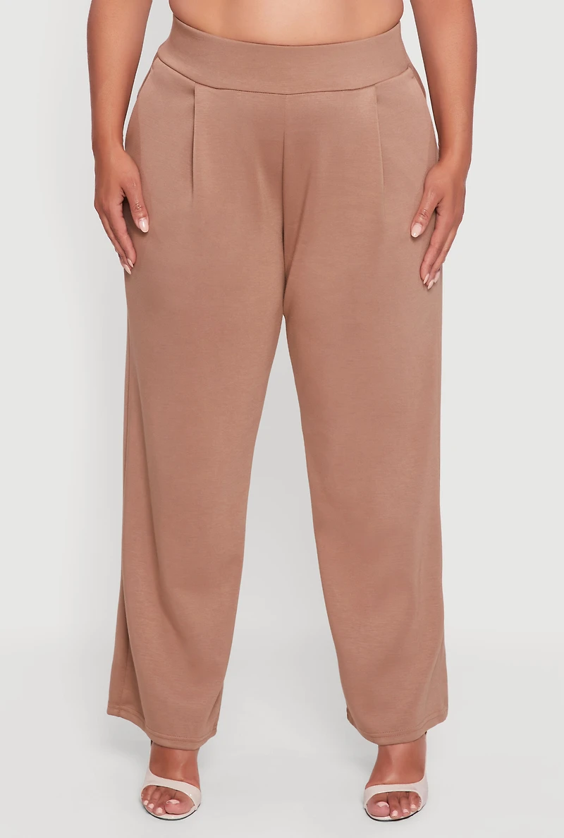 Womens Plus High Waisted Wide Leg Pants with Pockets, Khaki,