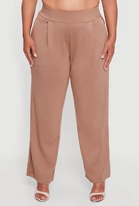 Womens Plus High Waisted Wide Leg Pants with Pockets, Khaki,
