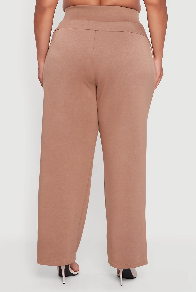 Womens Plus High Waisted Wide Leg Pants with Pockets, Khaki,