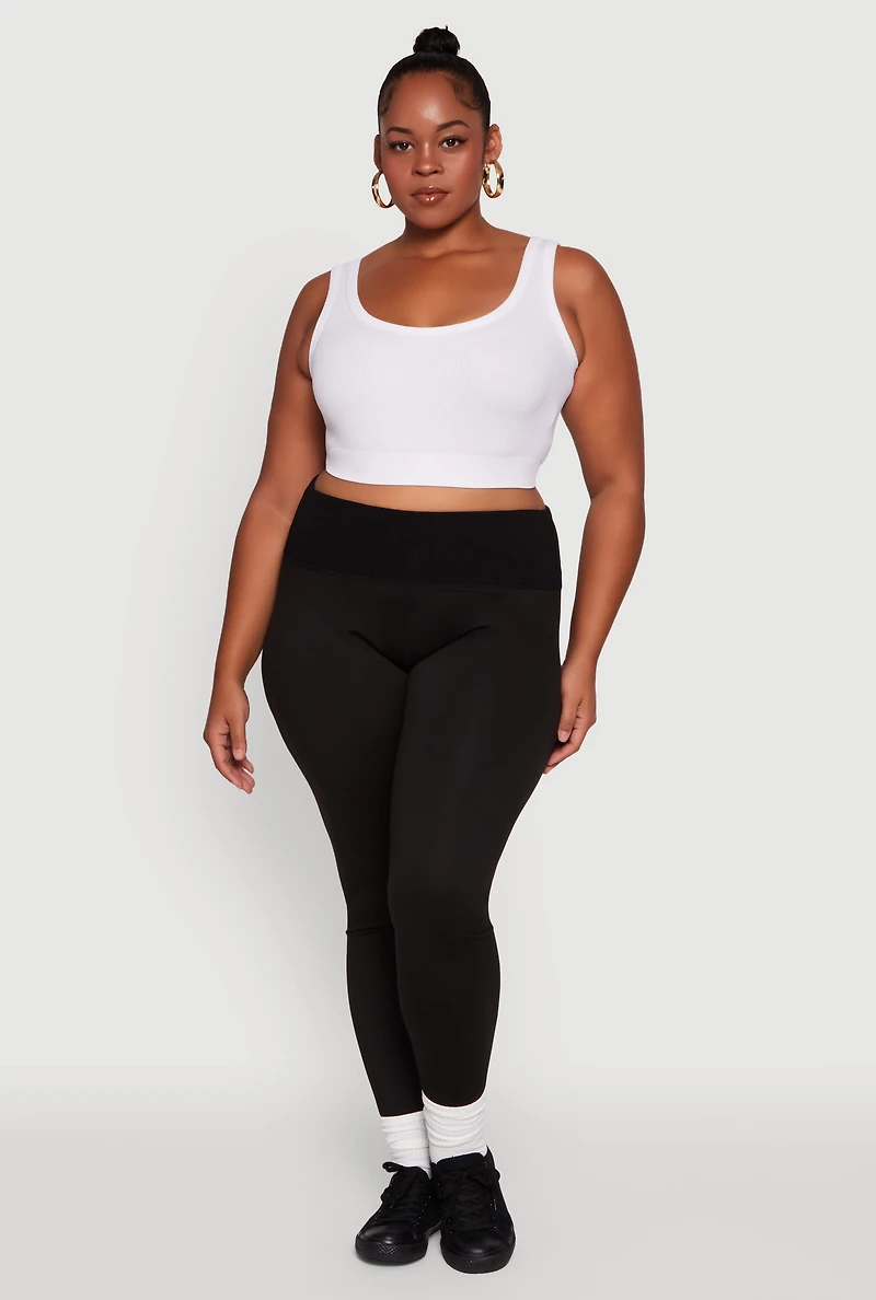 Womens Plus Size Ribbed Knit High Waistband Leggings, Black, Size 1X