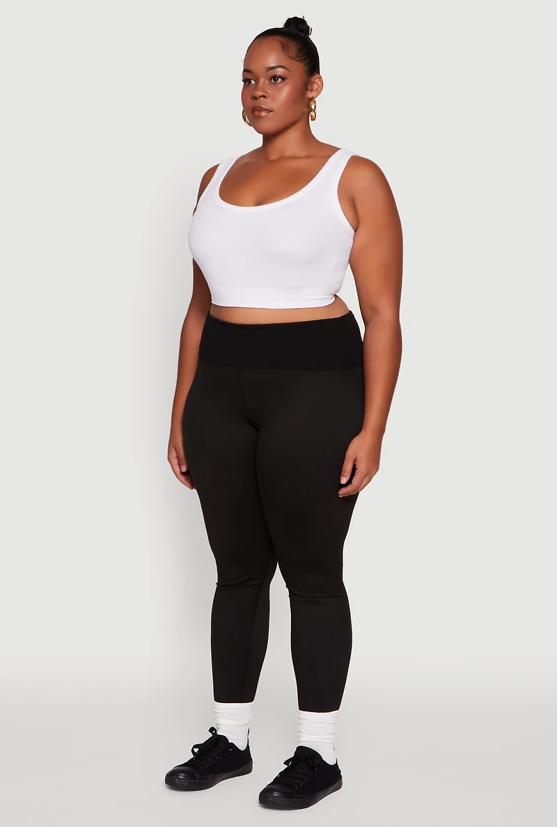 Womens Plus Size Ribbed Knit High Waistband Leggings, Black, Size 1X