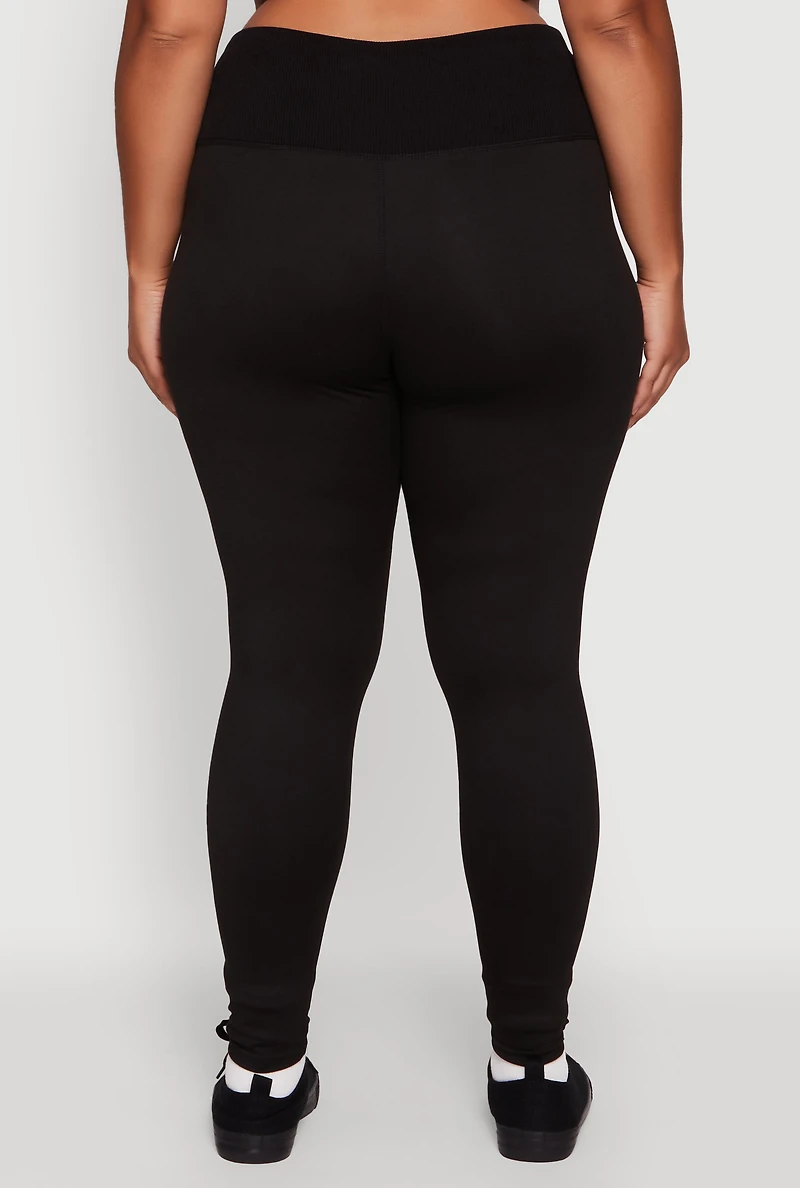 Womens Plus Size Ribbed Knit High Waistband Leggings, Black, Size 1X