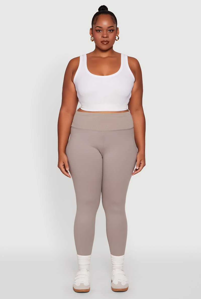 Womens Plus Ribbed Knit High Waistband Leggings, Grey,