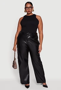 Plus High Waisted Wide Leg Faux Leather Cargo Pants