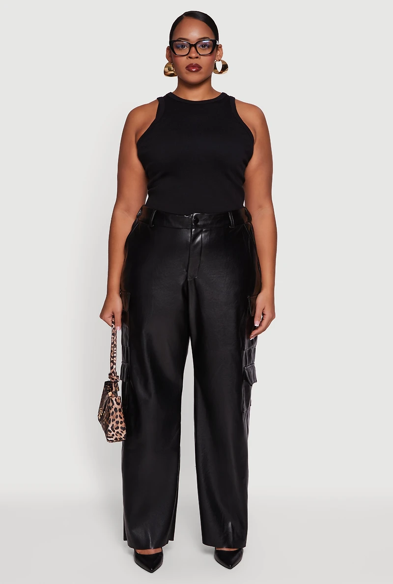 Plus High Waisted Wide Leg Faux Leather Cargo Pants