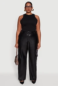 Plus High Waisted Wide Leg Faux Leather Cargo Pants