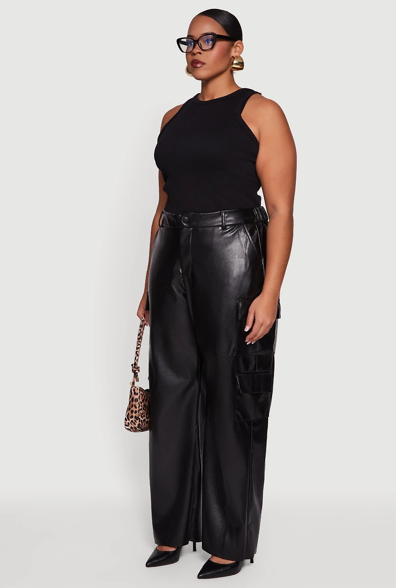 Plus High Waisted Wide Leg Faux Leather Cargo Pants