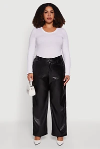 Womens Plus Faux Leather Wide Leg Pants, Black,