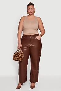 Womens Plus Size Faux Leather Wide Leg Pants, Brown, Size 3X