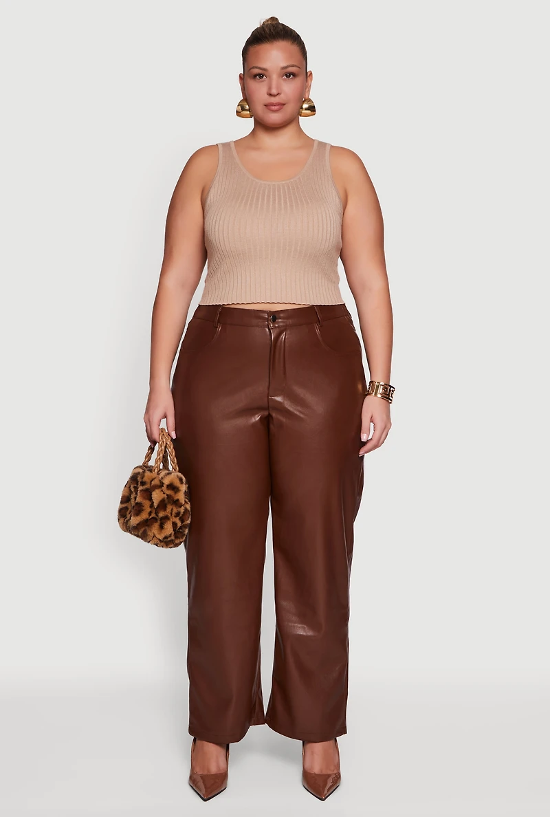 Womens Plus Size Faux Leather Wide Leg Pants, Brown, Size 3X