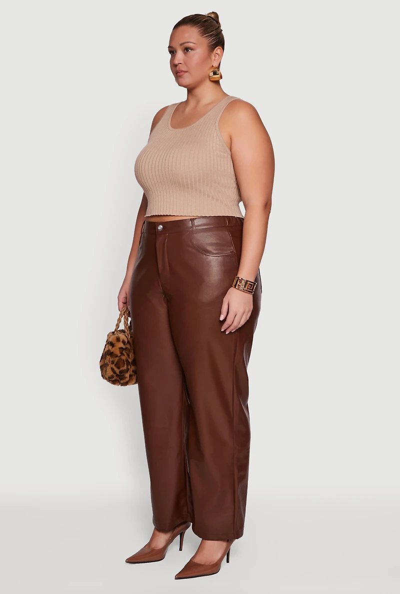Womens Plus Size Faux Leather Wide Leg Pants, Brown, Size 2X