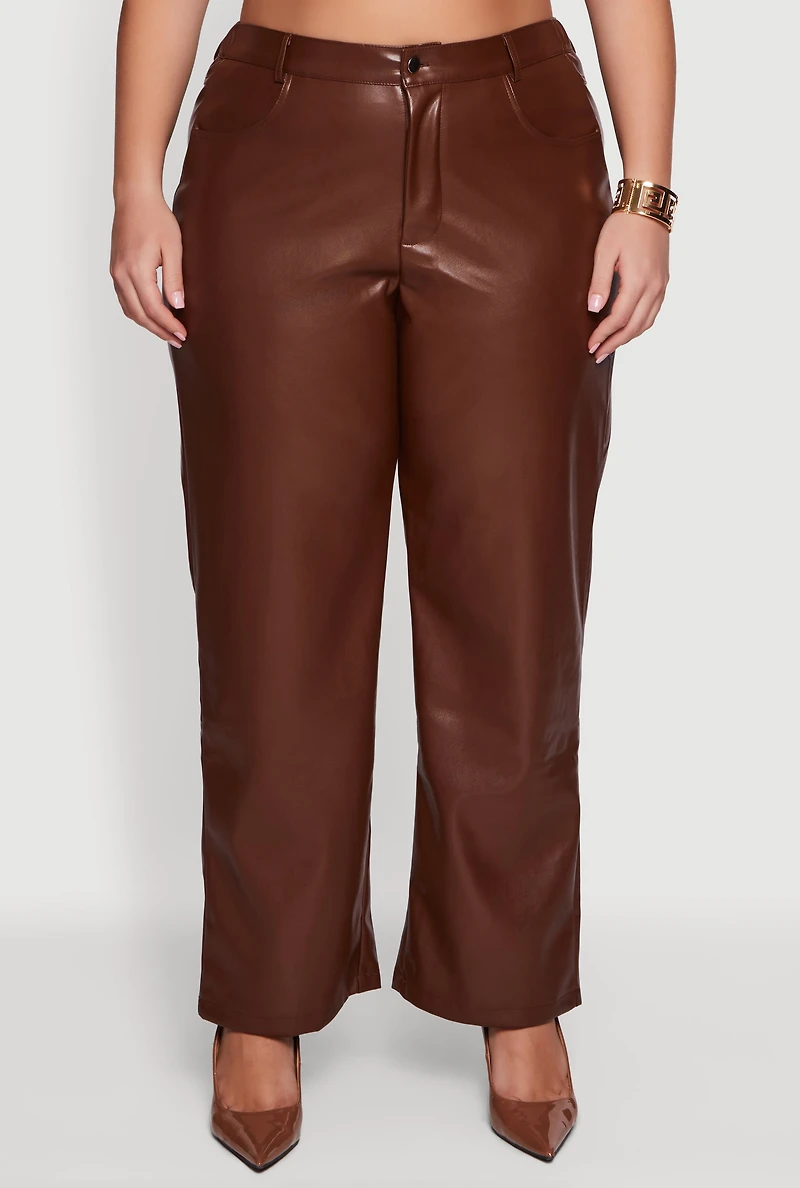 Womens Plus Size Faux Leather Wide Leg Pants, Brown, Size 2X