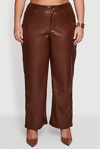 Womens Plus Size Faux Leather Wide Leg Pants, Brown, Size 2X