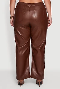 Womens Plus Size Faux Leather Wide Leg Pants, Brown, Size 3X