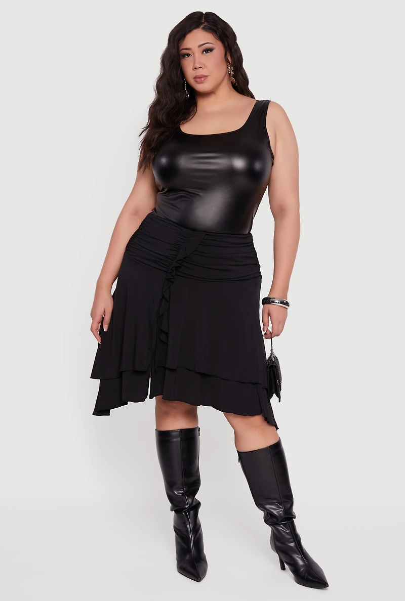 Plus Side Rouched Ruffle Trim Tiered Midi Skirt