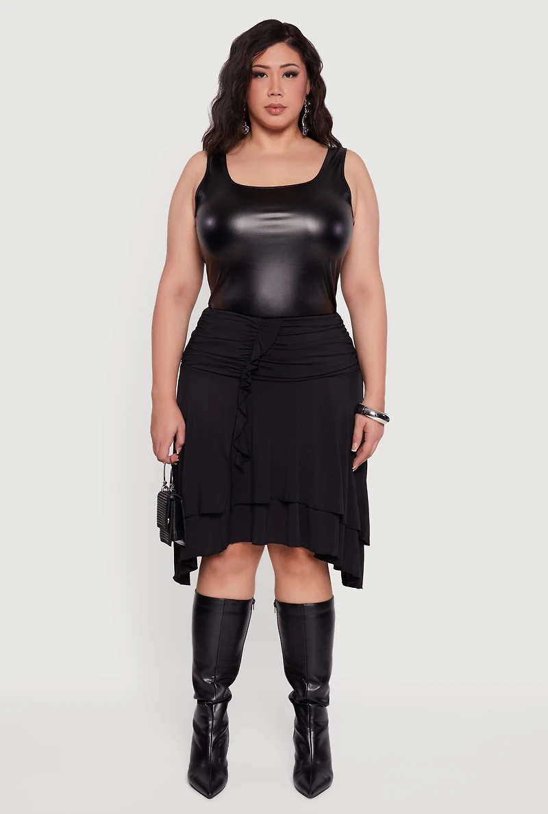 Womens Plus Size Side Rouched Ruffle Trim Tiered Midi Skirt, Black, Size 2X