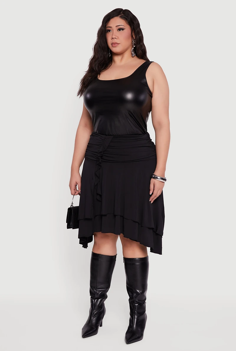 Womens Plus Size Side Rouched Ruffle Trim Tiered Midi Skirt, Black, Size 2X