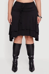 Womens Plus Side Rouched Ruffle Trim Tiered Midi Skirt,