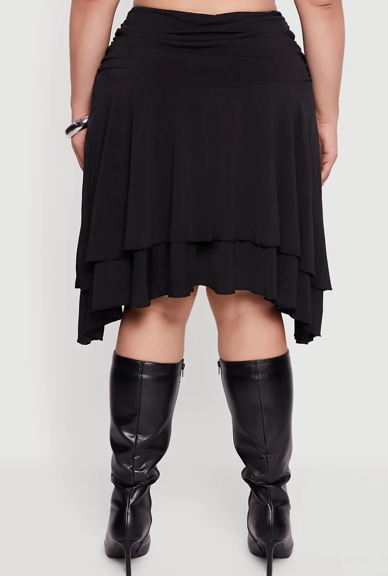 Womens Plus Size Side Rouched Ruffle Trim Tiered Midi Skirt, Black, Size 2X