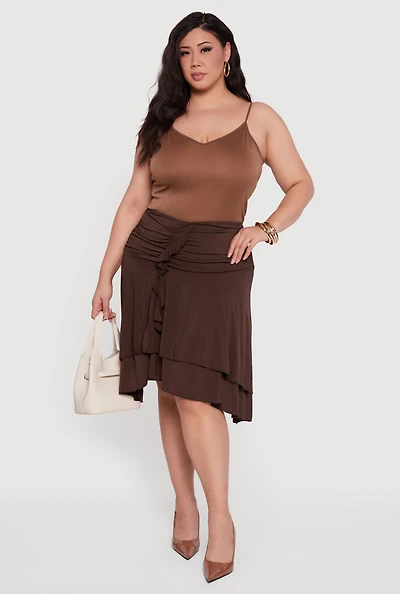 Plus Side Rouched Ruffle Trim Tiered Midi Skirt