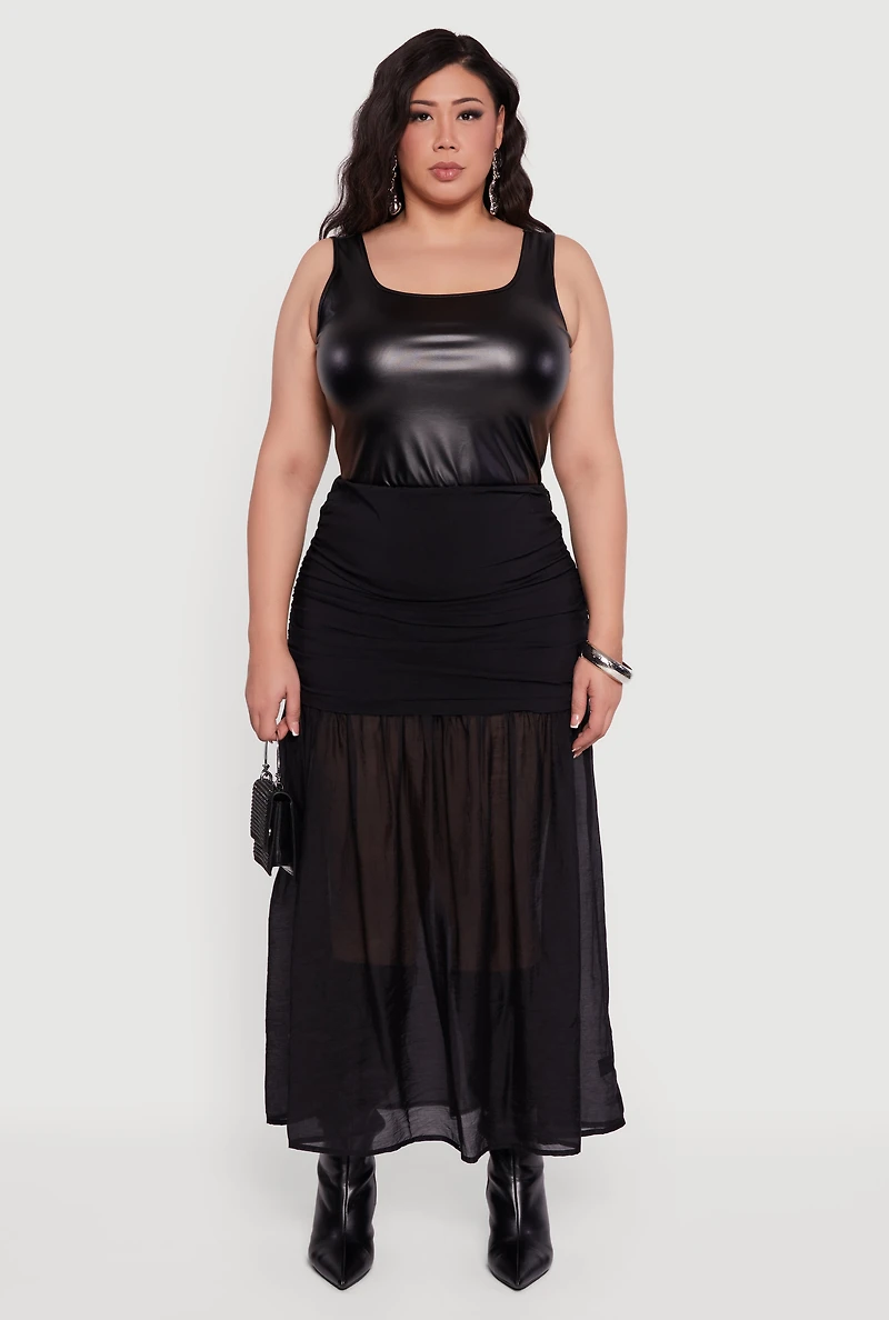 Plus High Waisted Ruched Side Ruffle Hem Maxi Skirt