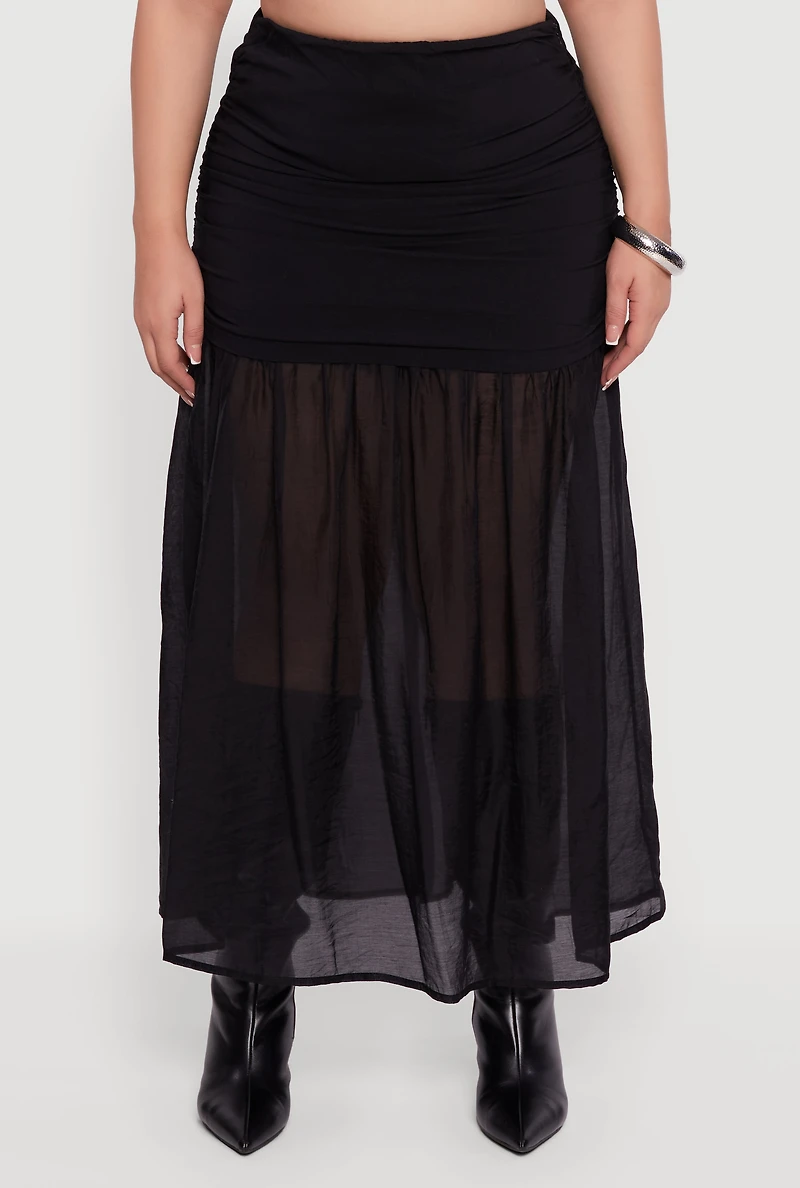 Plus High Waisted Ruched Side Ruffle Hem Maxi Skirt