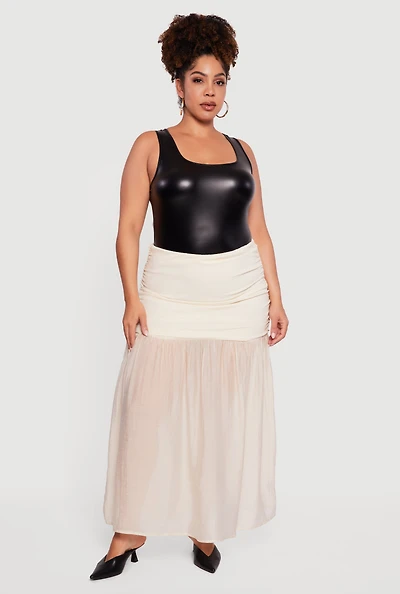 Womens Plus High Waisted Ruched Side Ruffle Hem Maxi Skirt, Khaki,