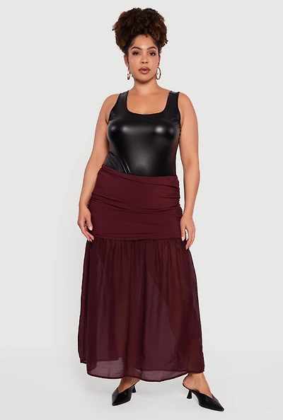 Womens Plus High Waisted Ruched Side Ruffle Hem Maxi Skirt,