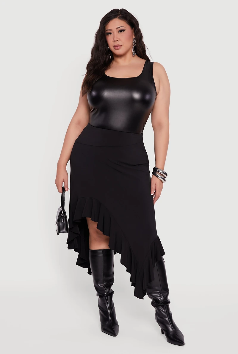 Womens Plus Size Asymmetrical Handkerchief Hem Skirt, Black, Size 3X