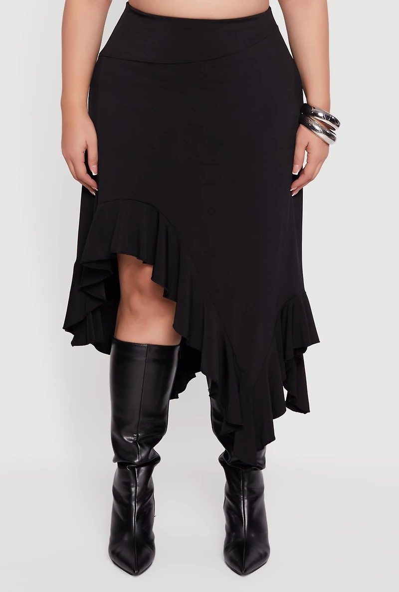 Womens Plus Size Asymmetrical Handkerchief Hem Skirt, Black, Size 3X