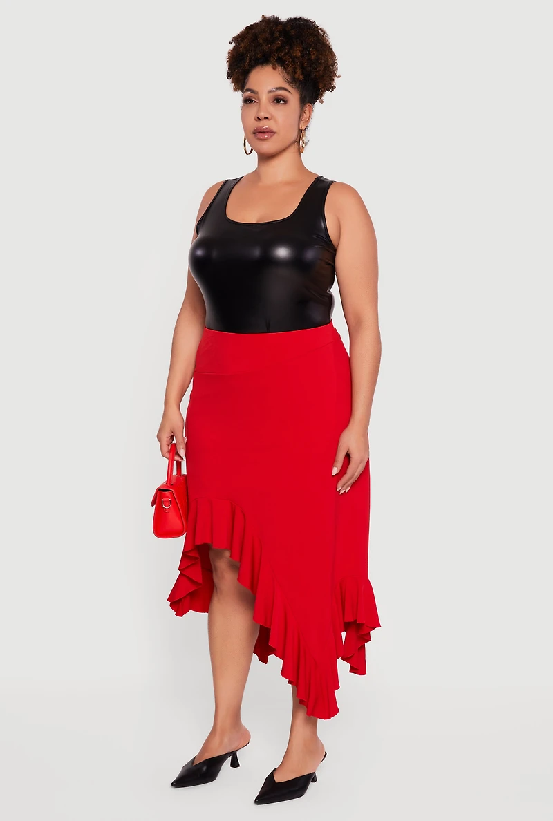 Womens Plus Size Asymmetrical Handkerchief Hem Skirt, Red, Size 3X