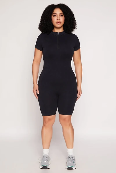 Plus Acid Wash Biker Romper