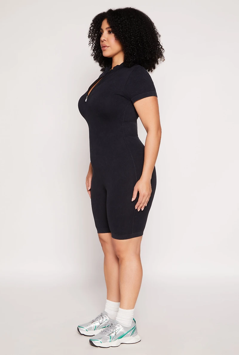 Plus Acid Wash Biker Romper