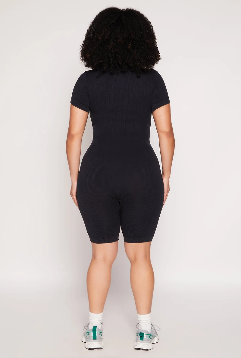 Plus Acid Wash Biker Romper