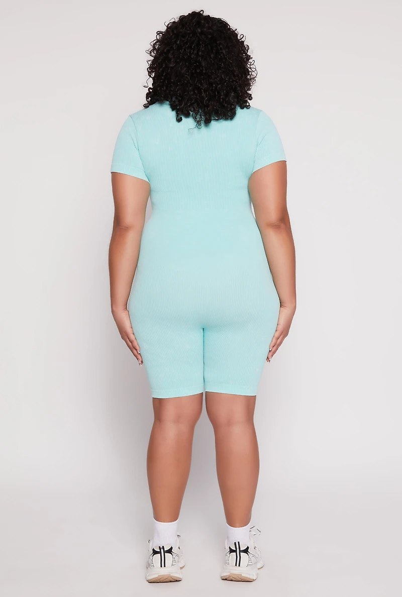 Womens Plus Size Acid Wash Biker Romper, Blue, Size 1X