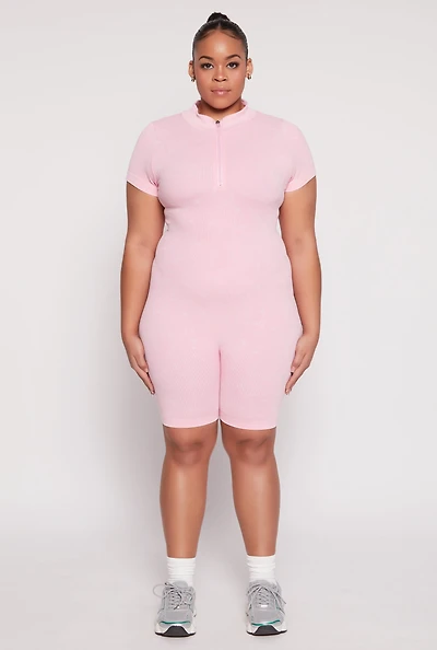 Womens Plus Size Acid Wash Biker Romper, Pink, Size 3X