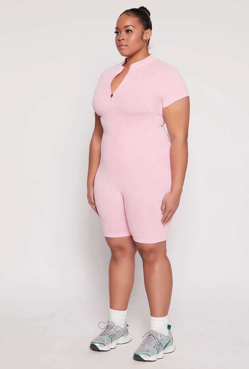 Womens Plus Size Acid Wash Biker Romper, Pink, Size 1X