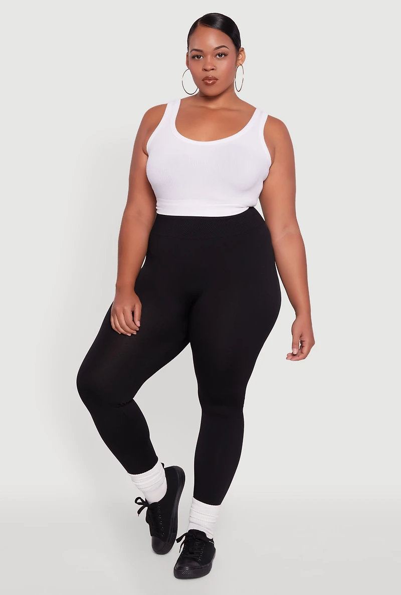 Womens Plus Fleece Lined Leggings with Textured Waistband, 1X-2X