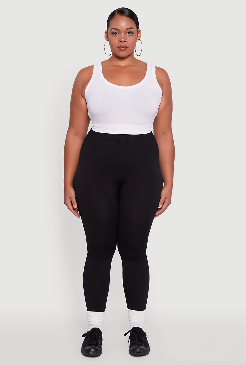 Womens Plus Fleece Lined Leggings with Textured Waistband, 1X-2X