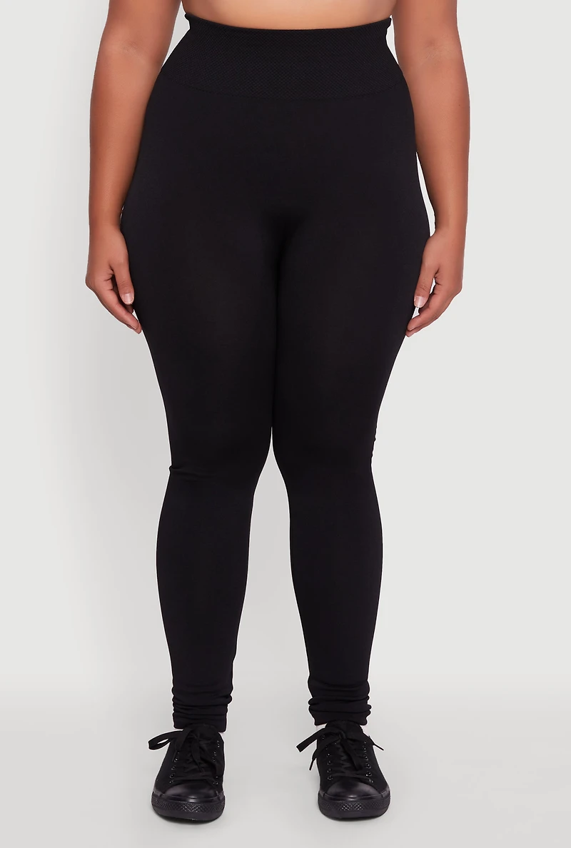 Womens Plus Fleece Lined Leggings with Textured Waistband, 1X-2X