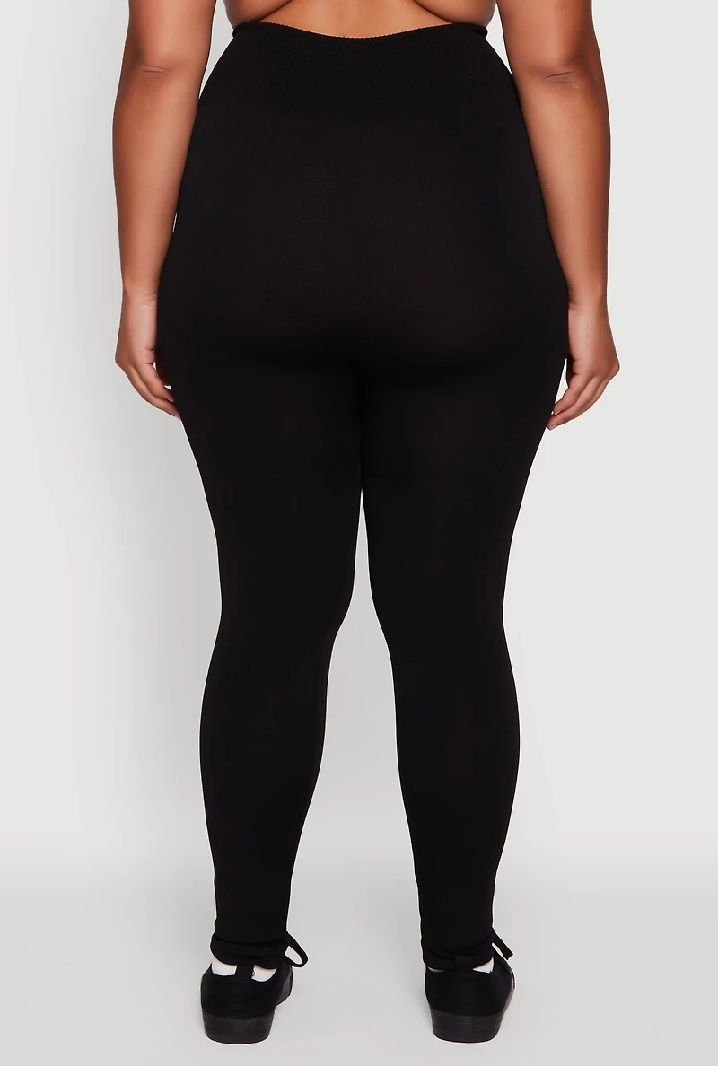 Womens Plus Size Fleece Lined Leggings with Textured Waistband, Black, Size 1X-2X