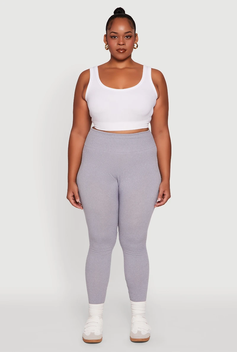 Womens Plus Fleece Lined Leggings with Textured Waistband, 1X-2X