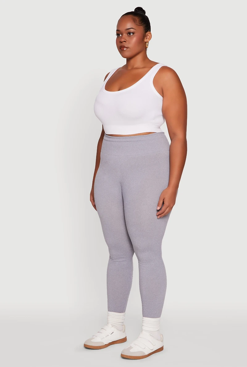 Womens Plus Fleece Lined Leggings with Textured Waistband, 1X-2X